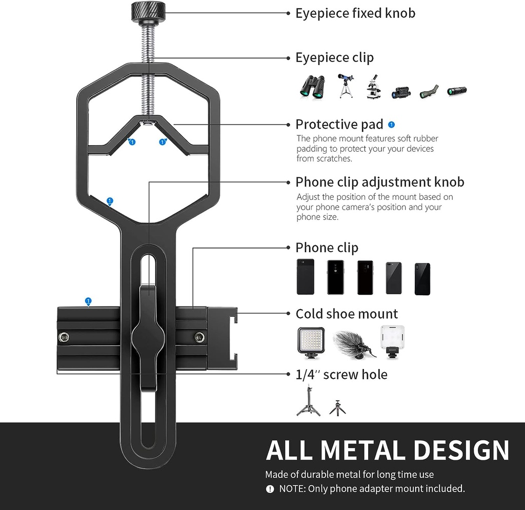 NEEWER Metal Telescope Phone Mount, 2.09"-3.54" Universal Cell Phone Mount for Spotting Scope Telescope Microscope Binocular Monocular, Fits Eyepiece with Diameter 1.02"-2.05"