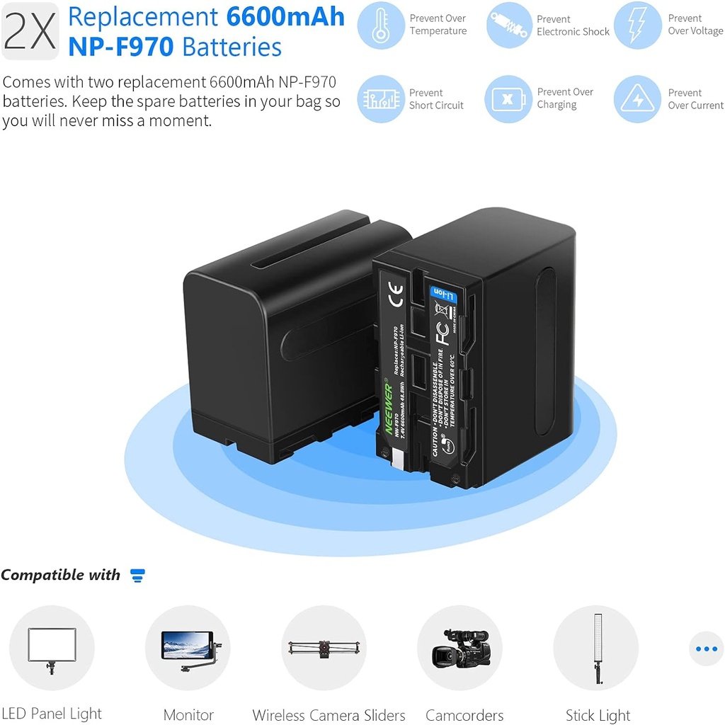 Neewer Fast Charger Dual USB with 2-Pack 6600mAh Replacement NP-F970 Batteries, Compatible with Sony NP-F970 F960 F950 F770 F750 F570 F550,Handycam and Neewer Led Light, Monitor, Motorized Slider