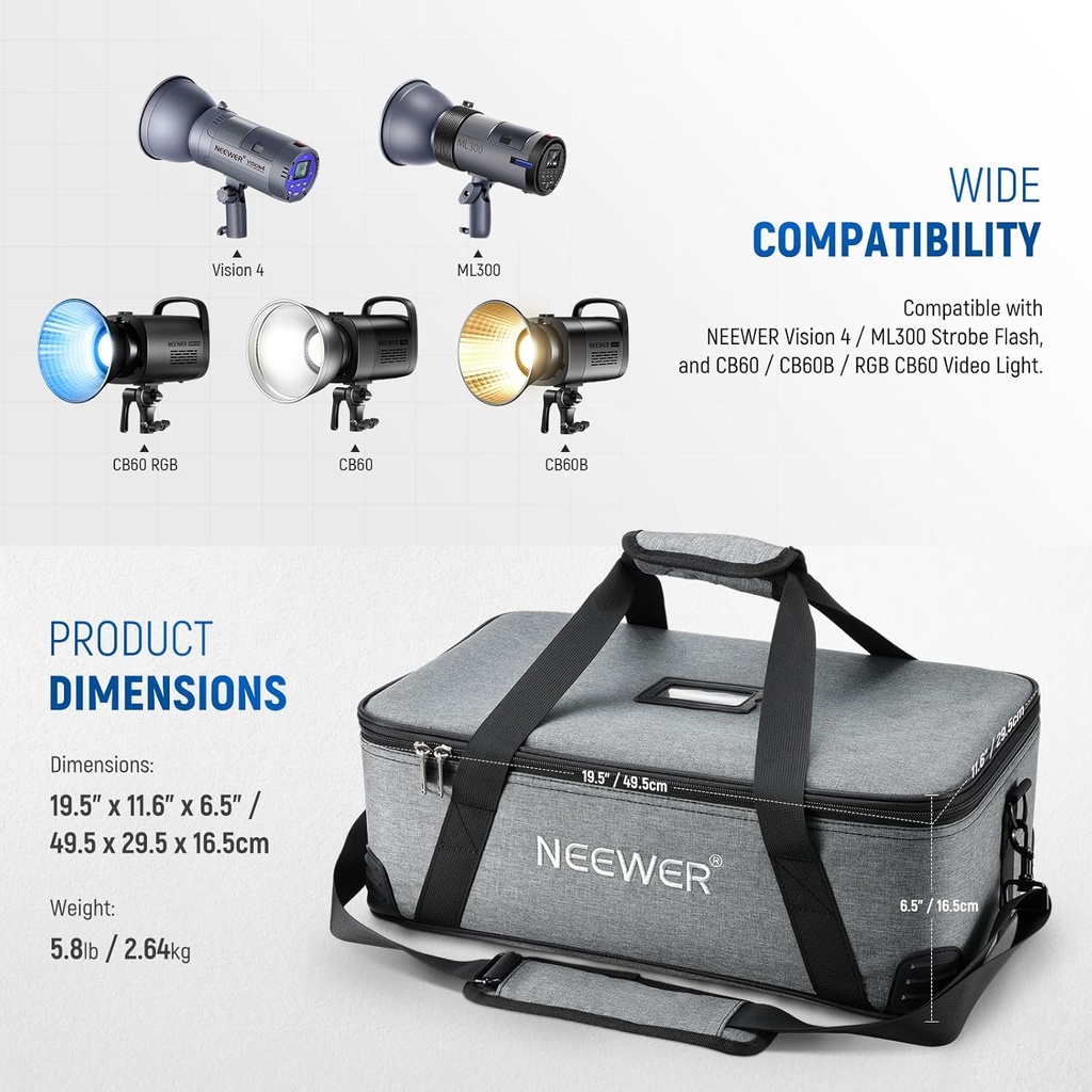 NEEWER Carrying Bag with Movable Foam Padded for Studio Light Durable Oxford Cloth Transit Bag Travel Case with Shoulder Strap & Handle, PB5 10102270