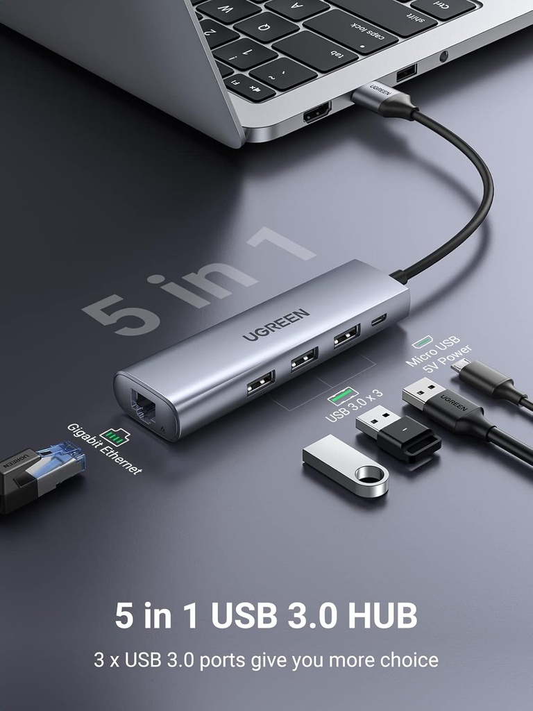 UGREEN 60812 - USB 3.0 Ethernet Adapter Hub with RJ45
