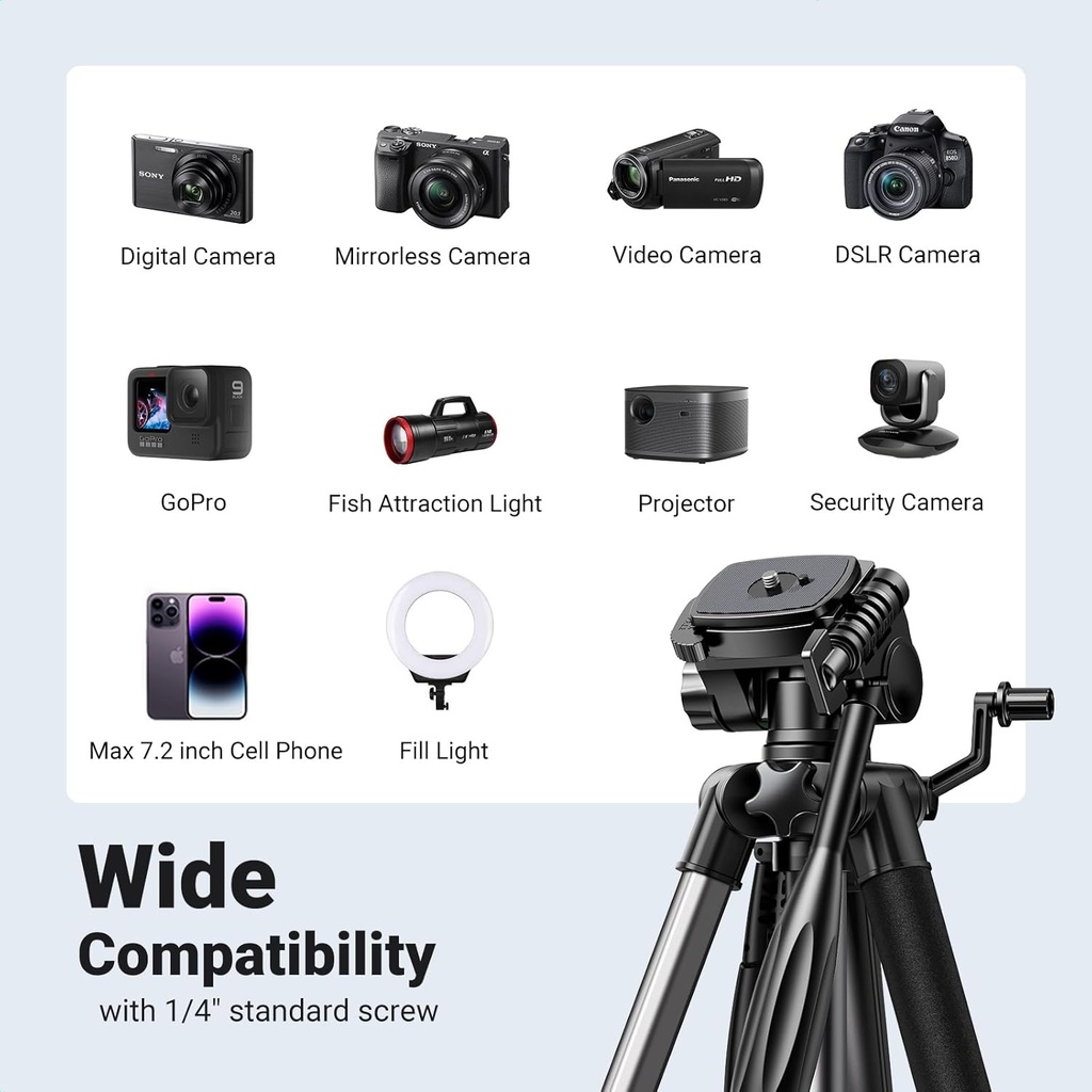 UGREEN 15187 - Camera Tripod with 53.5-175 cm Height, Lightweight and Portable Travel Tripod, Aluminium Tripod with Mobile Phone Holder and Travel Bag