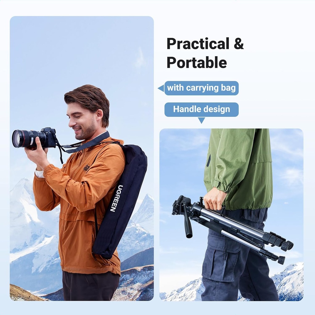 UGREEN 15187 - Camera Tripod with 53.5-175 cm Height, Lightweight and Portable Travel Tripod, Aluminium Tripod with Mobile Phone Holder and Travel Bag
