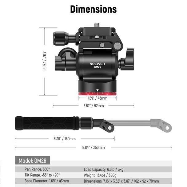 Neewer GM26 Metal Vertical Fluid Tripod Head (Black/Red) 10102673