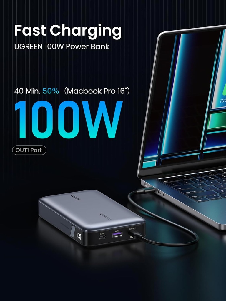 UGREEN 25188 - 20000mAh 100W Power Bank, Nexode Portable Charger USB C 3-Port PD Fast Charging Battery Pack Digital Display