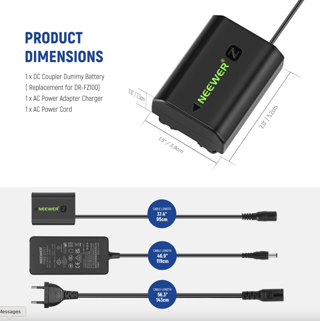 NEEWER NP-FZ100 SONY DC COUPLER DUMMY BATTERY CHARGER SET 10103235