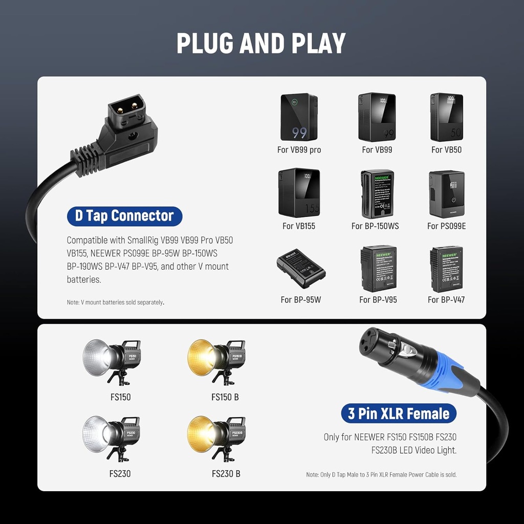 Neewer D Tap Male to 3 Pin XLR Female Power Cable 1.8m 10103377