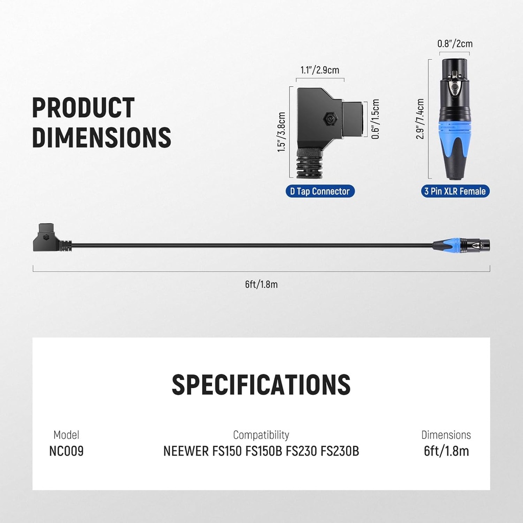 Neewer D Tap Male to 3 Pin XLR Female Power Cable 1.8m 10103377