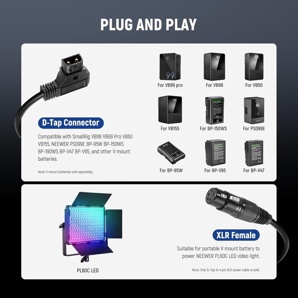 Neewer 6ft/1.8m D-Tap Male to 4 Pin XLR Female Power Cable 10103379