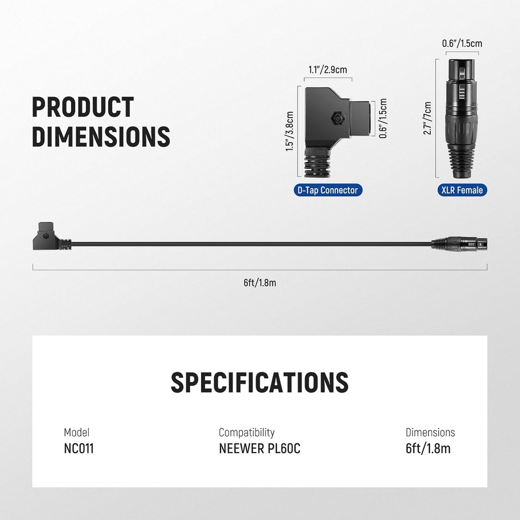 Neewer 6ft/1.8m D-Tap Male to 4 Pin XLR Female Power Cable 10103379