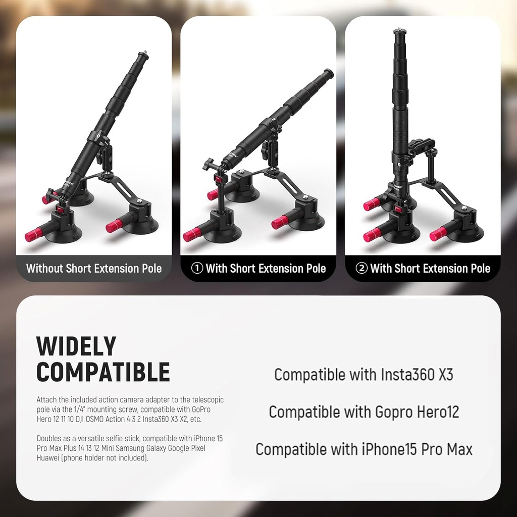 NEEWER Triple Suction Cup Car Mount Kit with 2in1 Extension Pole/Selfie Stick 10103631