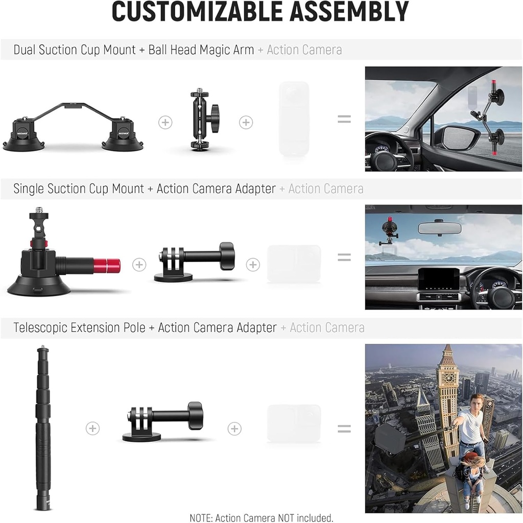 NEEWER Triple Suction Cup Car Mount Kit with 2in1 Extension Pole/Selfie Stick 10103631
