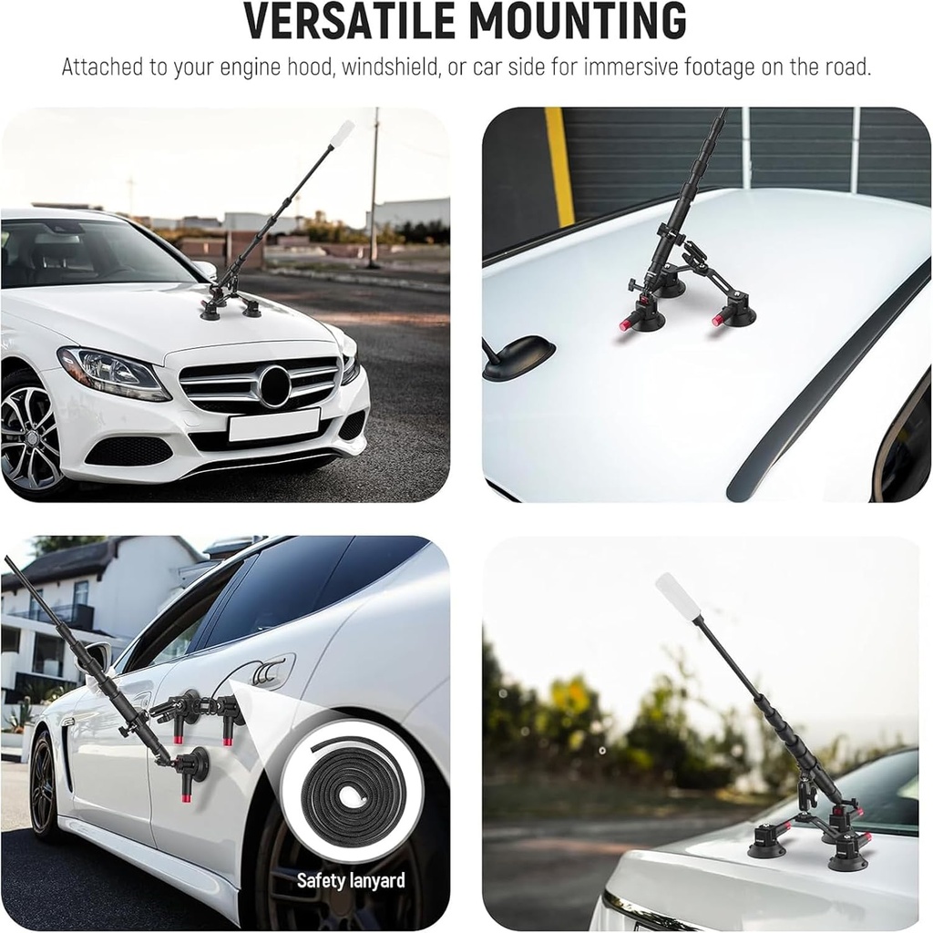 NEEWER Triple Suction Cup Car Mount Kit with 2in1 Extension Pole/Selfie Stick 10103631