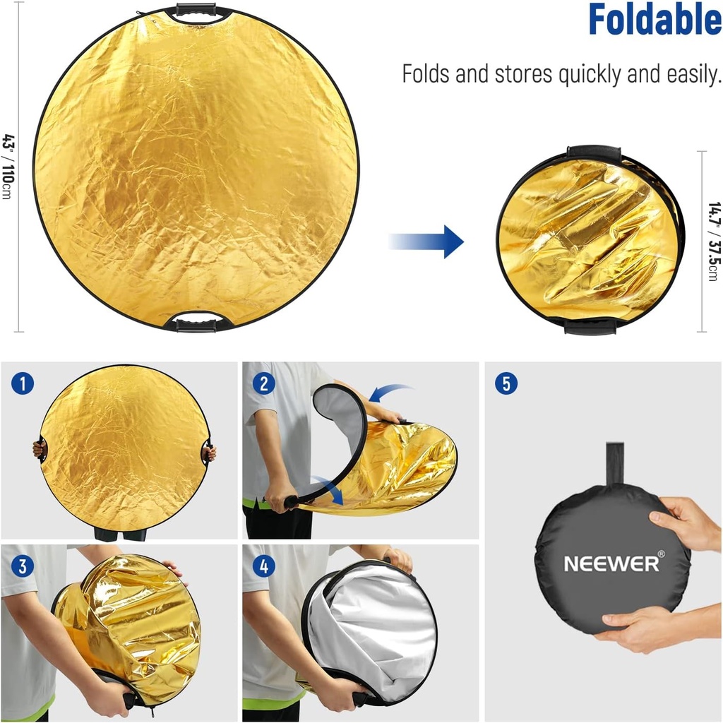 NEEWER 110cm Light Reflector with Handle Grip with 3/8" Thread, 5 in 1 10102088