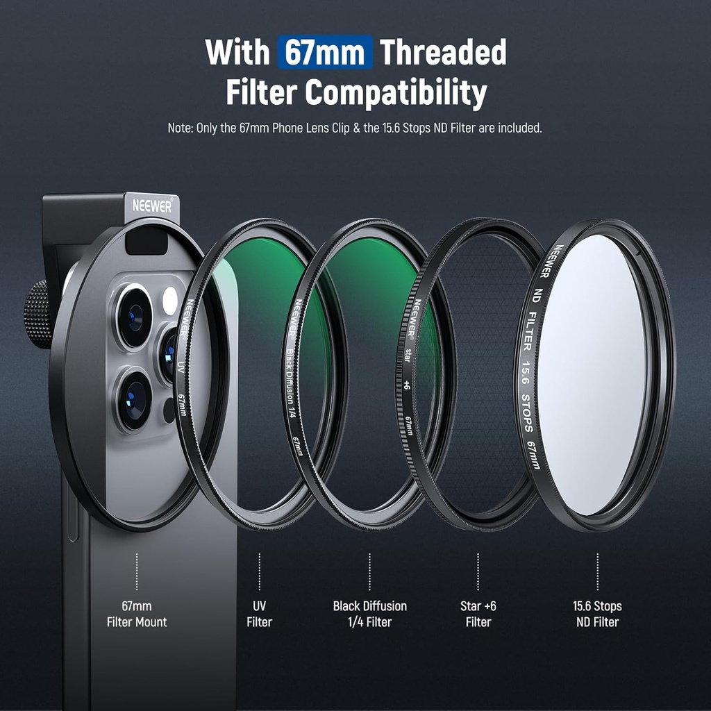 NEEWER Clip On 67mm ND Phone Filter Kit, Optical Glasses & Polymer Safety Filter Film 10104079