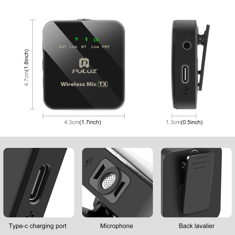 PULUZ  PU3153B 1 TX + 1 RX Wireless Lavalier Microphone (Black)