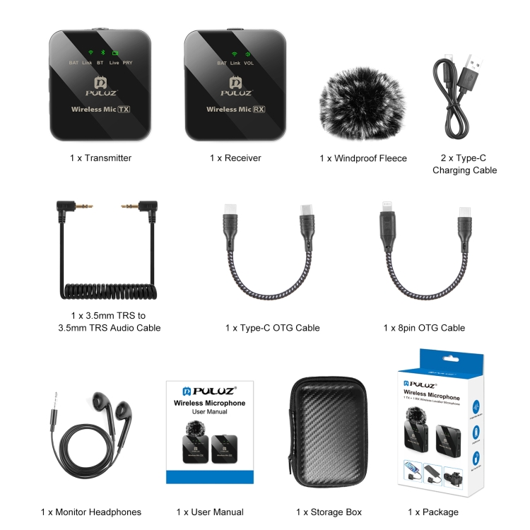 PULUZ  PU3153B 1 TX + 1 RX Wireless Lavalier Microphone (Black)