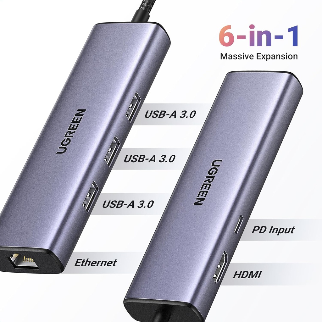موزع USB-C (6 في 1)مع منفذ إيثرنت جيجابت، HDMI بدقة 4K، شحن بقوة 100 واط، ومنافذ USB-A لنقل البيانات / UGREEN 15598