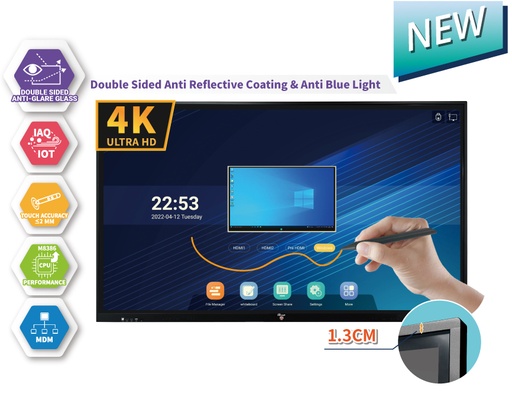 Interactive Panel - (DTG-86-V100) 86" Multi-Touch Panel [ 4K ] - Android Build-in- 86" LED 4K panel (Input & Output: 4K/2K/FHD) - Android Build-in with Android 12 - V100 (8+128) - Eye Sight Protection Tempered Glass - Sound System 15 W x 2 - Remote Control, HDMI Cable, USB Cable - 20-Point touch - Hanshin IWB Software License